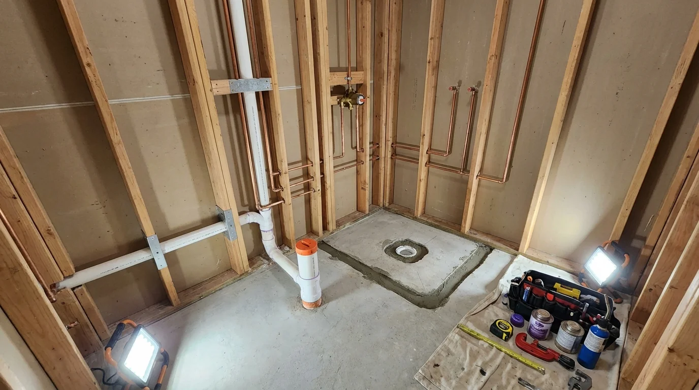 Bathroom rough-in plumbing during remodel by Johns Plumbing LLC in Bonduel