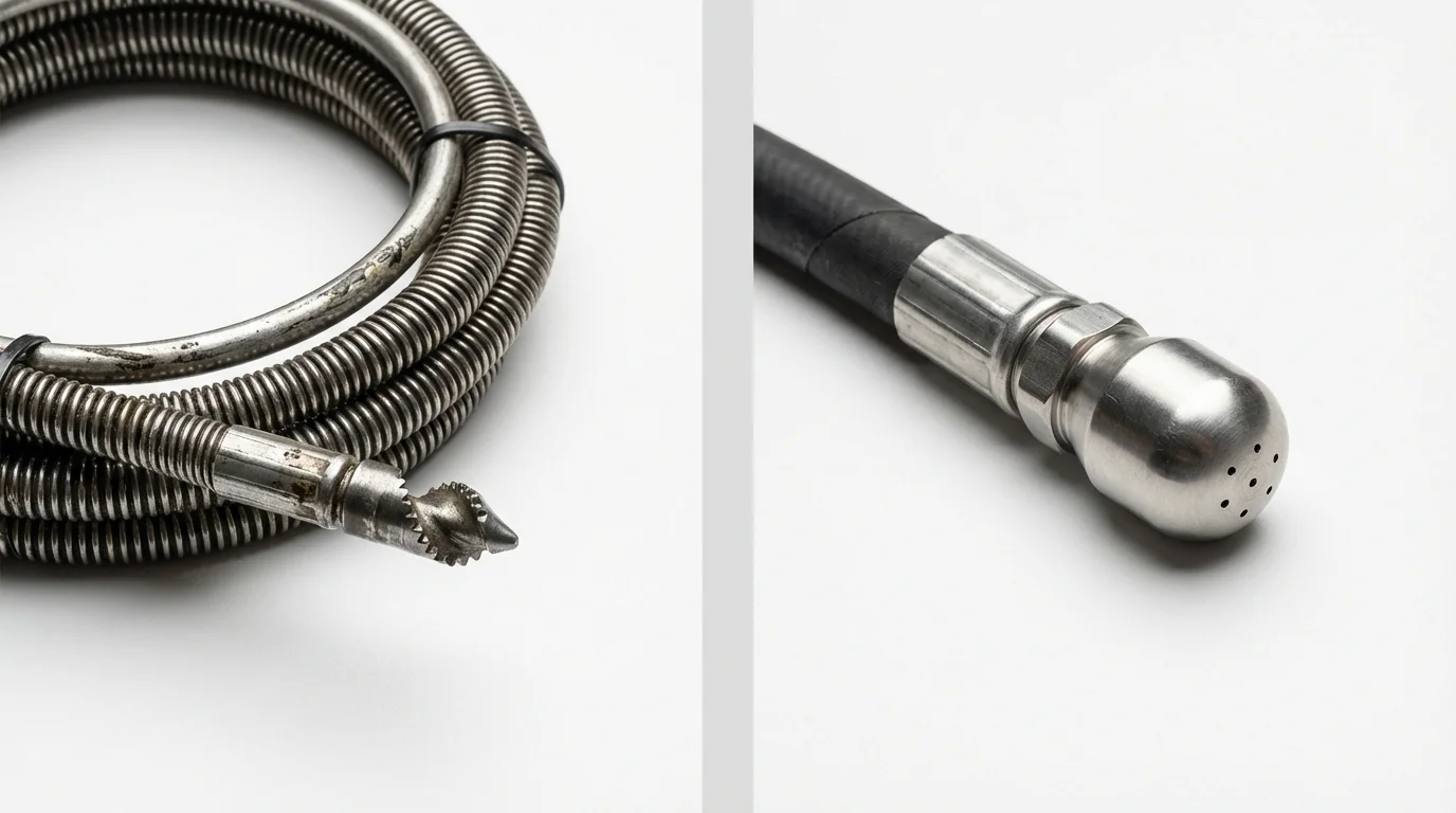 Drain snake cable and hydro jetting nozzle used for drain cleaning in Bonduel, WI