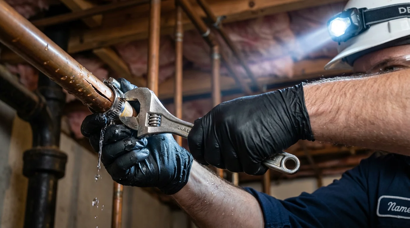 Emergency pipe clamp repair being performed by a Johns Plumbing LLC plumber in Bonduel