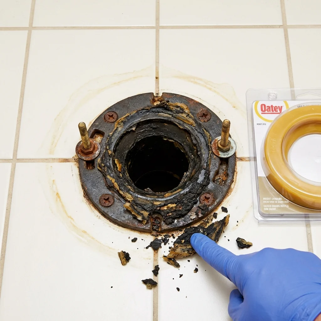 Failed wax ring showing water seepage at the base of a toilet in a Bonduel, WI home