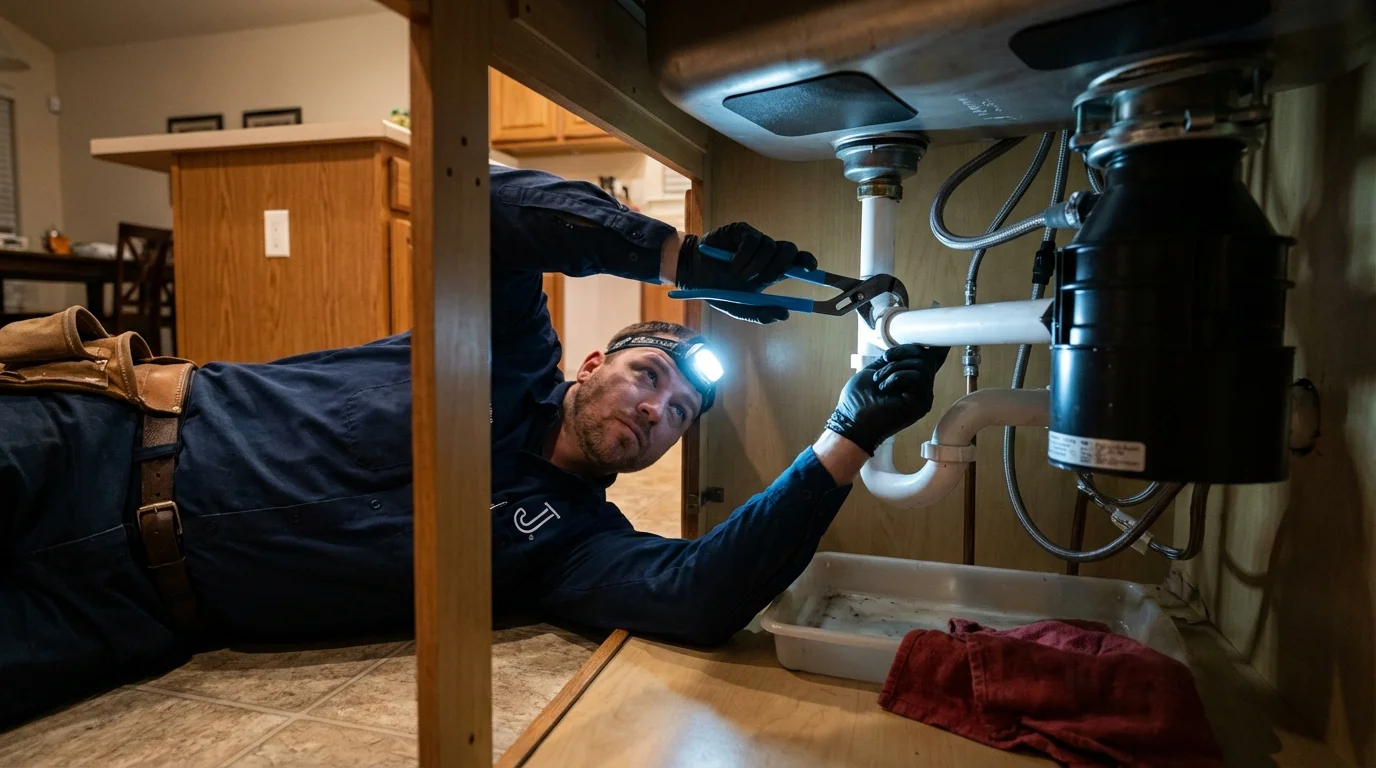 P-trap and supply line connections under a kitchen sink showing a common leak point in Bonduel, WI